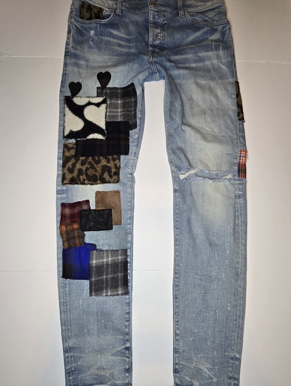 AMIRI Art Patch Distressed Skinny Jeans Clay Indigo Multi-Fabric Size 36